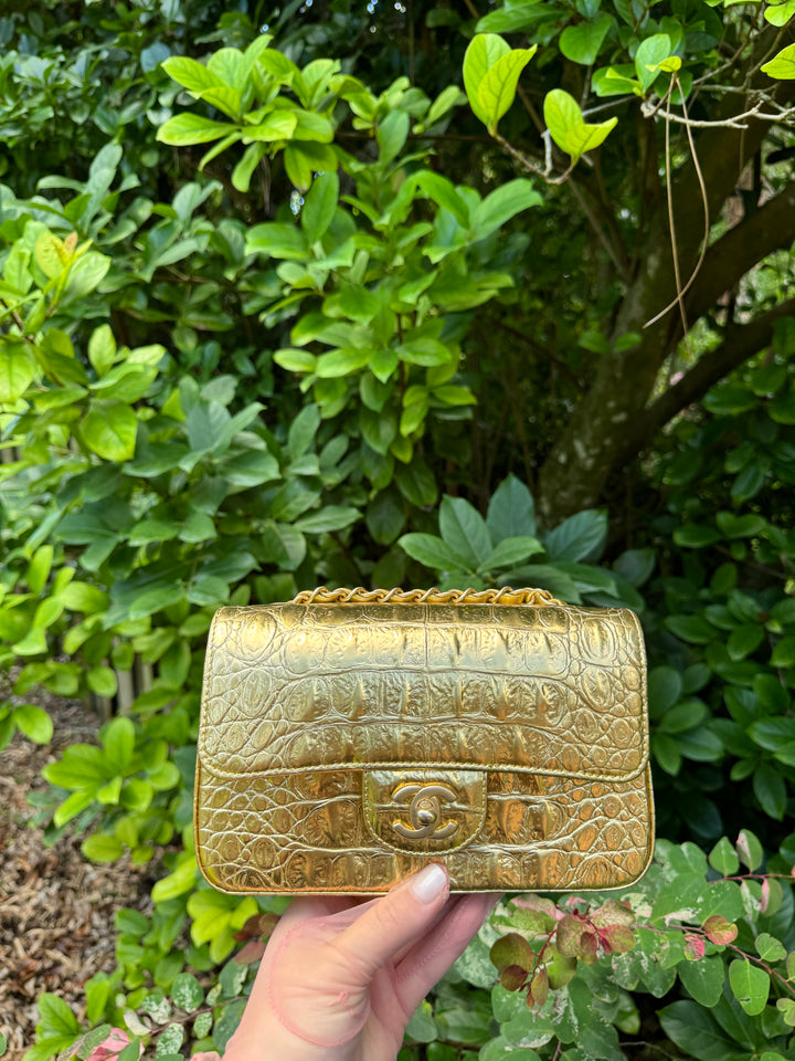 Chanel Gold Croc Embossed Mini Rectangular Flap Bag