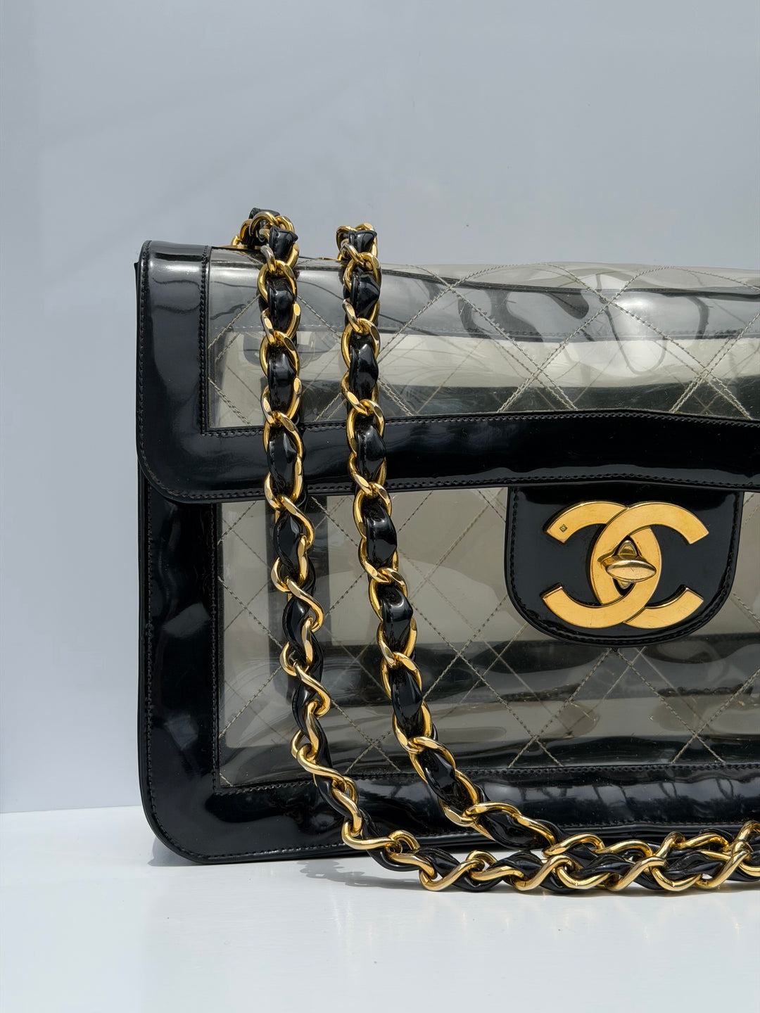 Chanel Maxi Classic Flap Bag Clear Vinyl Black Patent Leather Gold Hardware 1994