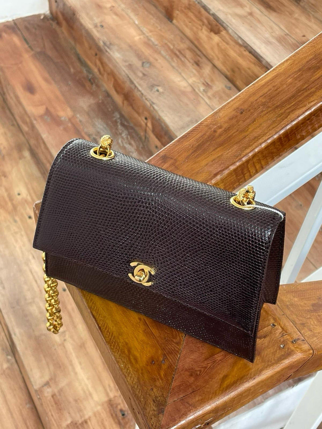 Chanel Small Trapezoid Flap Bag Burgundy Lizard Leather Gold Hardware With Bijoux Chain 1989