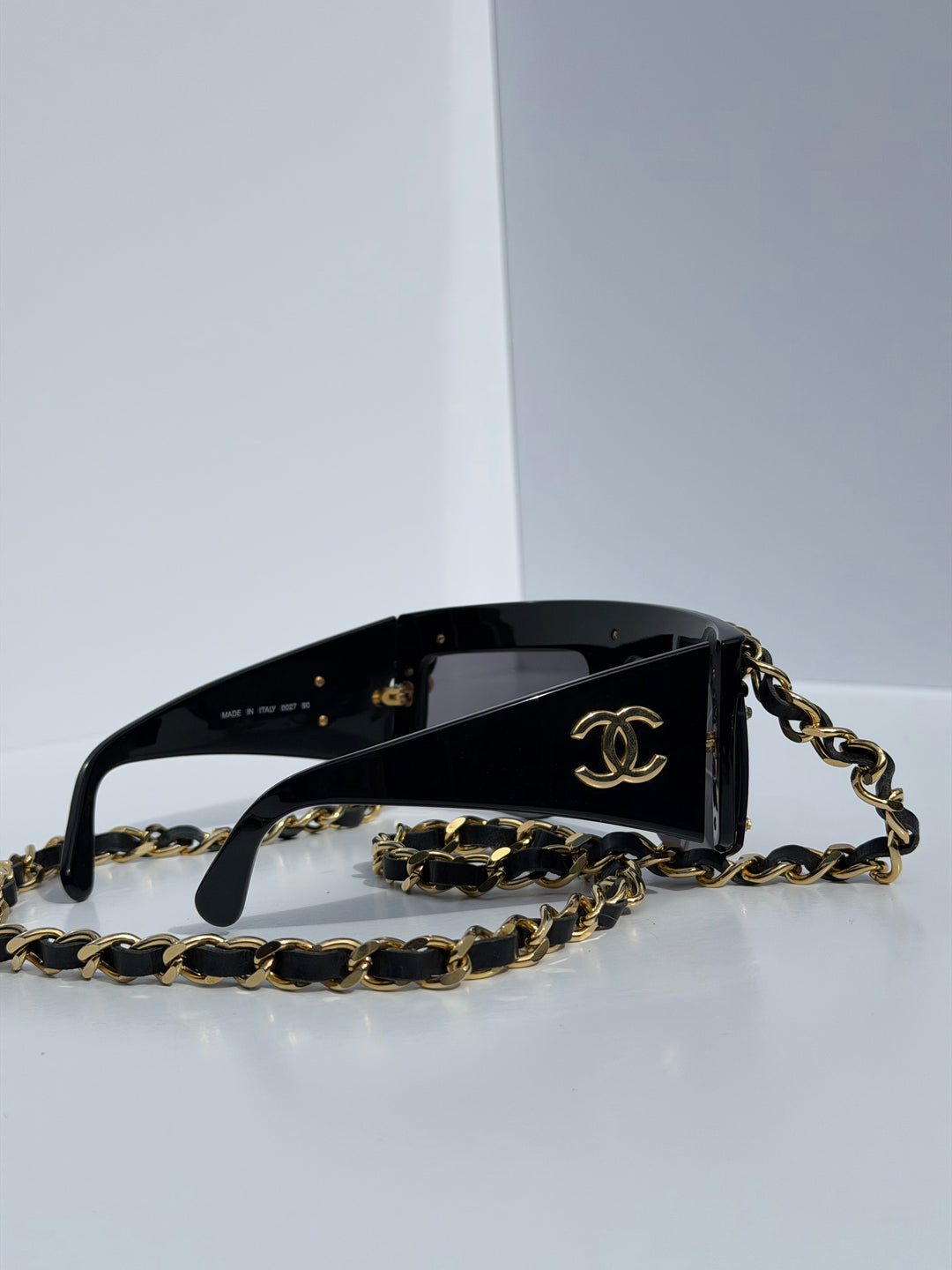 Chanel 1992 Runway Chain Sunglasses Black Gold Hardware