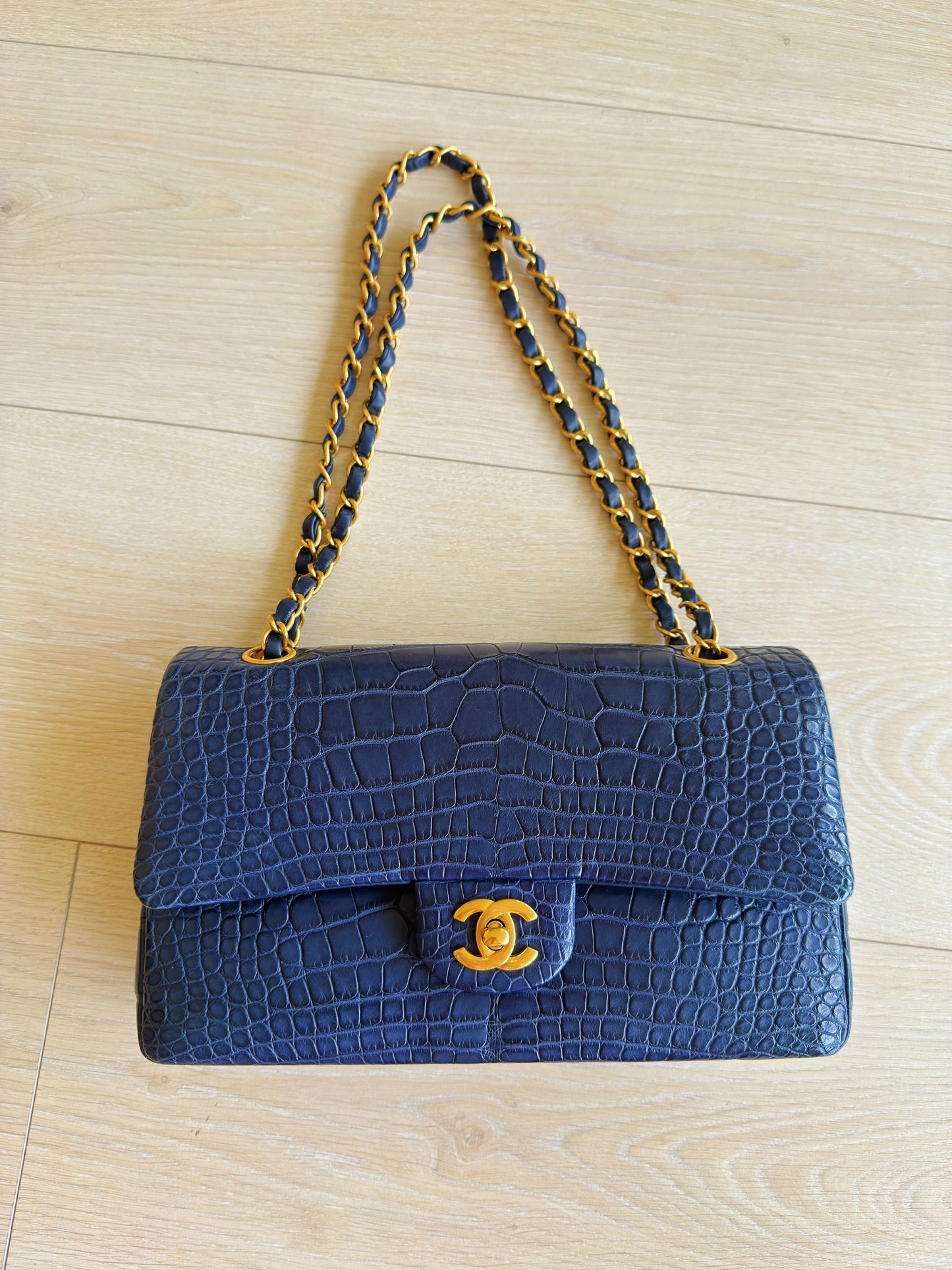Chanel Navy Blue Matte Alligator Medium Classic Flap Bag
