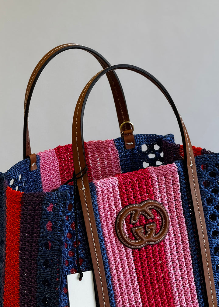 Gucci Interlocking Multicolor Raffia Tote Bag
