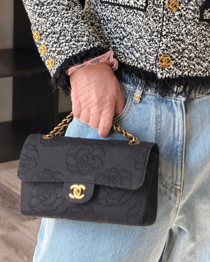 Chanel Classic Flap Small Camellia Black 24K Gold Hardware 1997