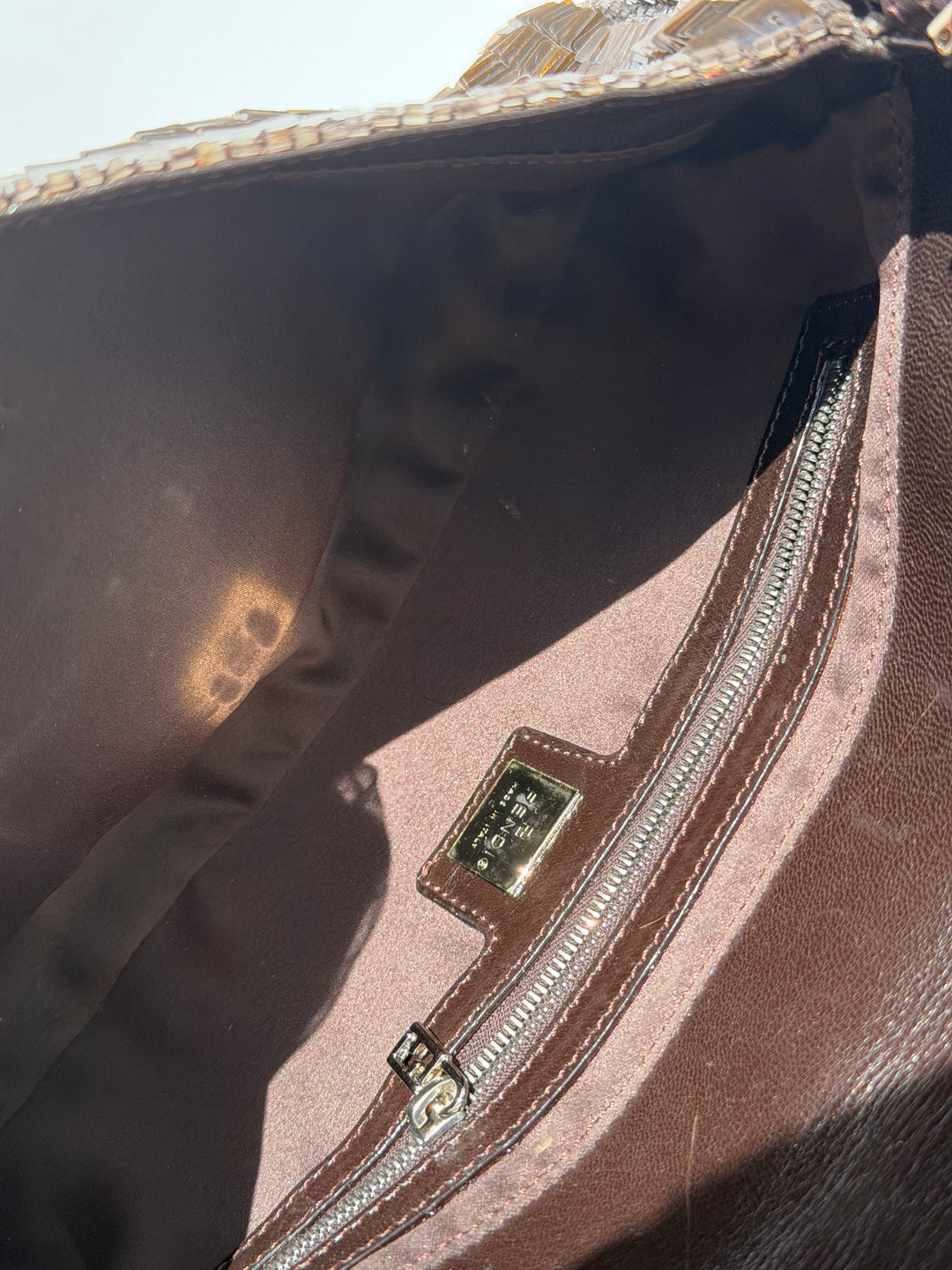 Fendi Brown Sequin Zucca FF Baguette Silver Hardware