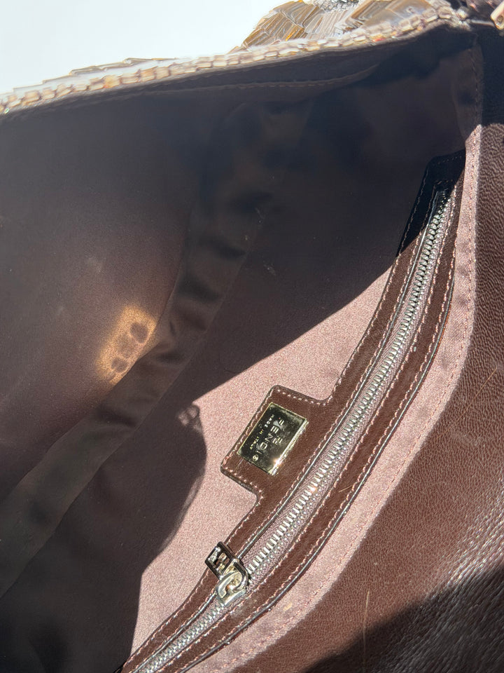 Fendi Brown Sequin Zucca FF Baguette Silver Hardware