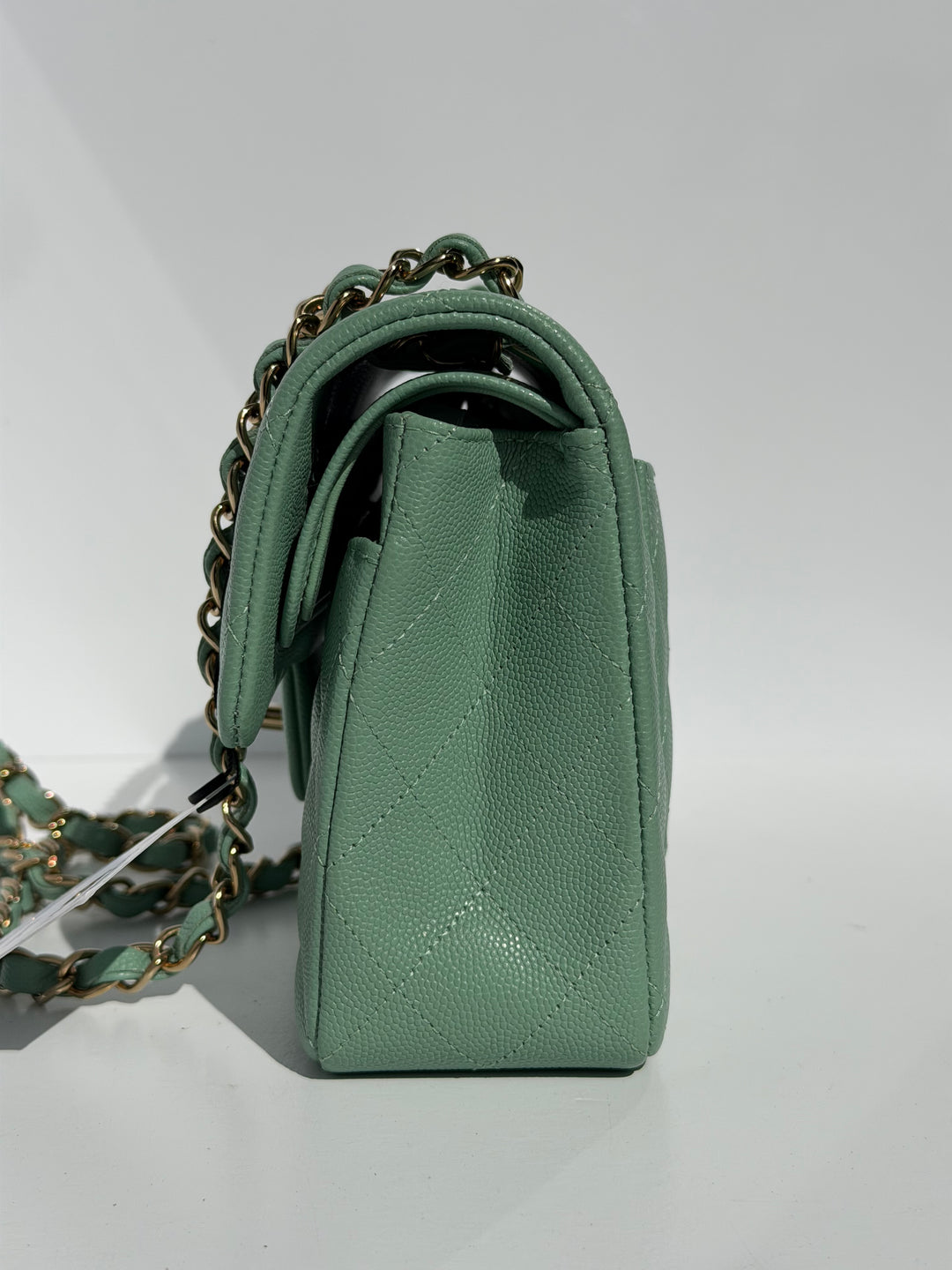 Chanel Small Classic Double Flap Caviar Green Light Gold Hardware 2023