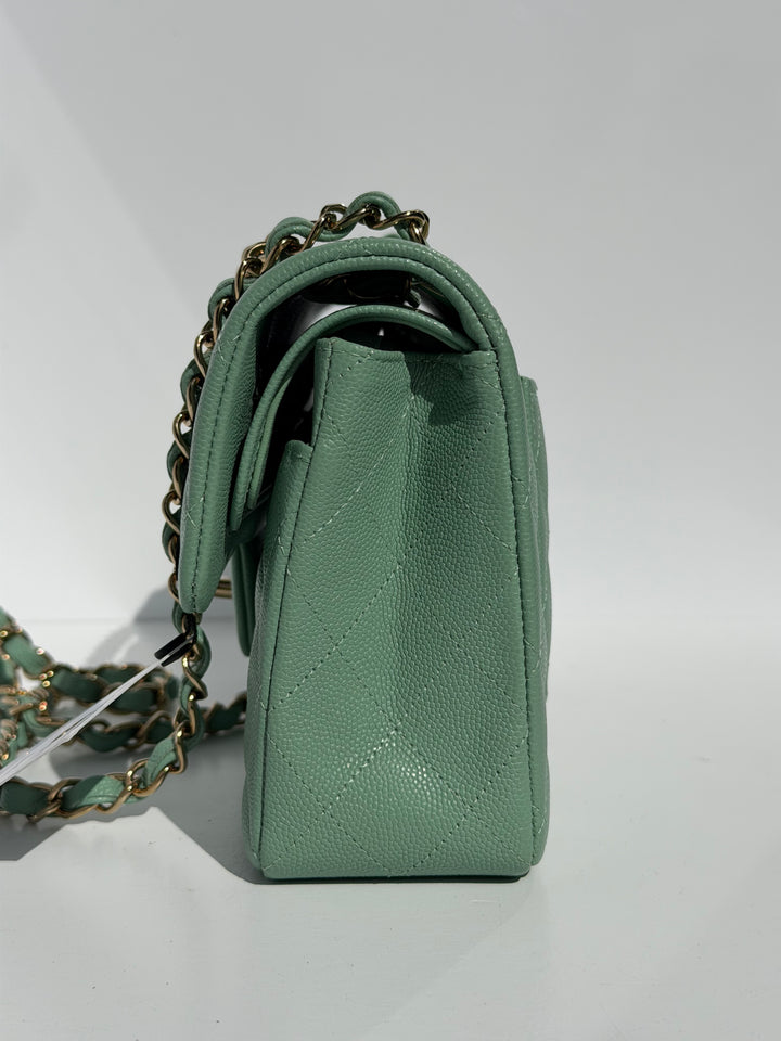 Chanel Small Classic Double Flap Caviar Green Light Gold Hardware 2023