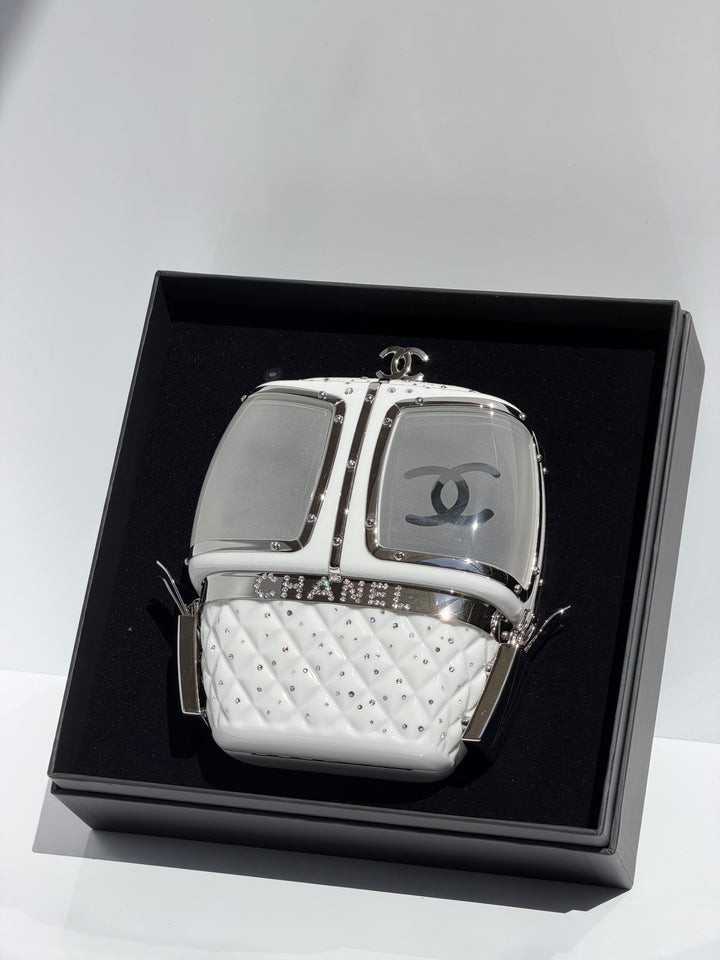 Chanel Ski Gondola Swarovski Minaudière White Silver Hardware 2019