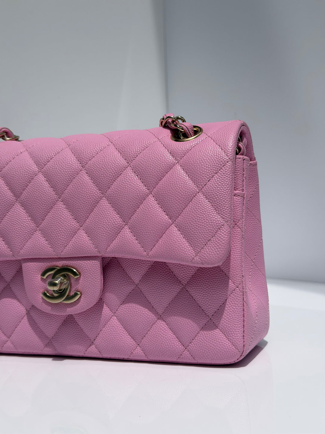 Chanel Small Classic Double Flap Caviar Pink Light Gold Hardware 2023