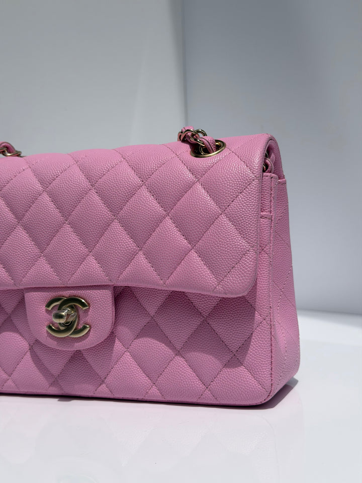 Chanel Small Classic Double Flap Caviar Pink Light Gold Hardware 2023