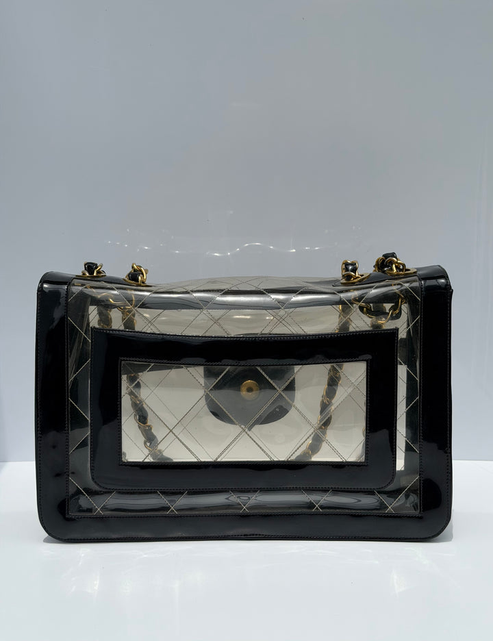Chanel Maxi Classic Flap Bag Clear Vinyl Black Patent Leather Gold Hardware 1994