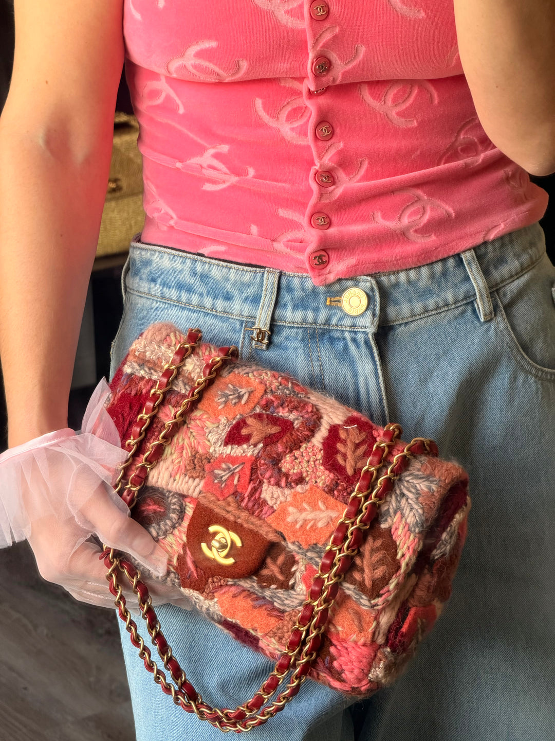 Chanel Embroidered Wool Medium Flap Bag Red Multicolor Gold Hardware 2018