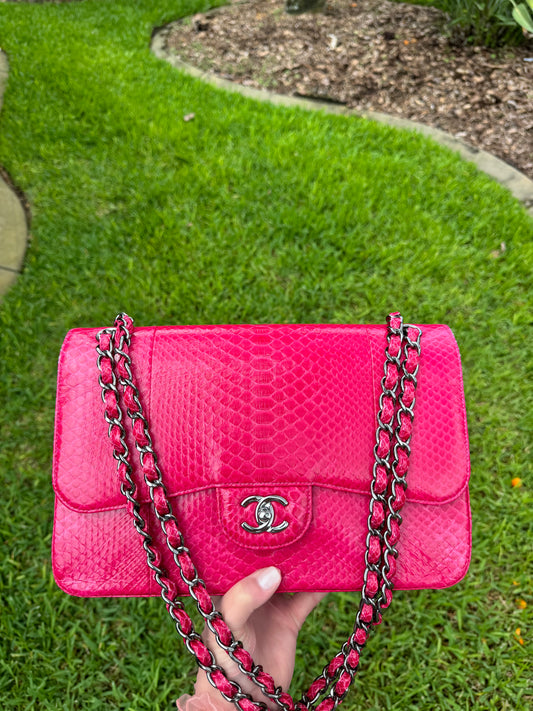 Chanel Fuschia Python Jumbo Double Flap