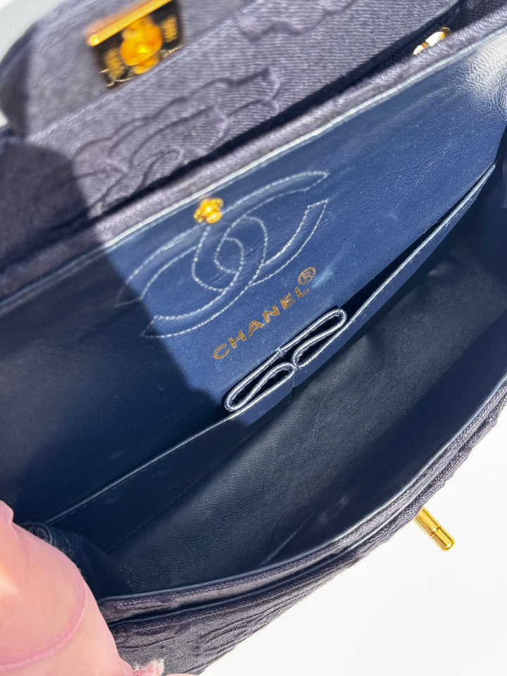 Chanel 1997 Medium 24K Navy Camellia Classic Flap Bag