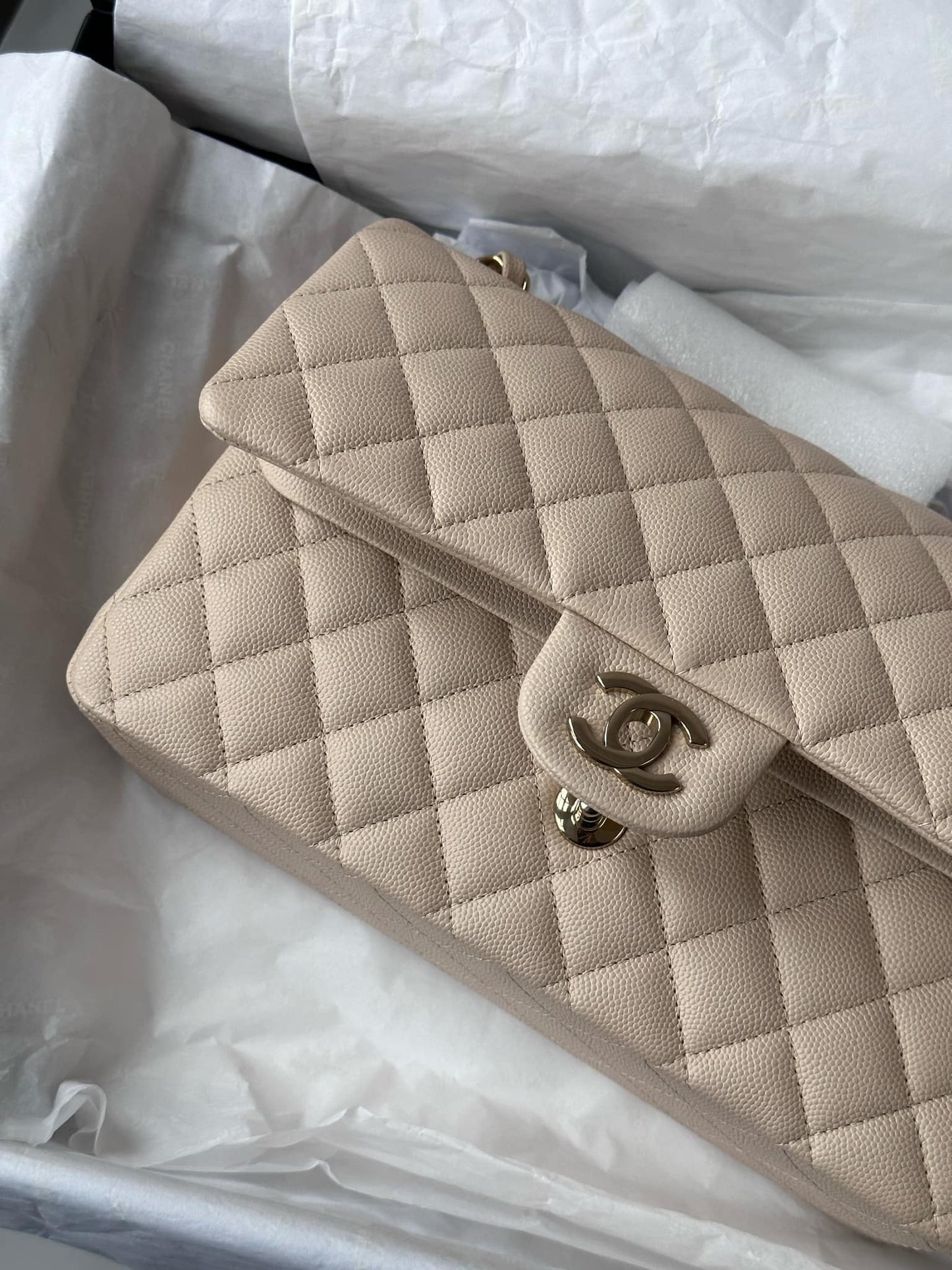 Chanel 23P Ecru Medium Caviar Double Flap Bag