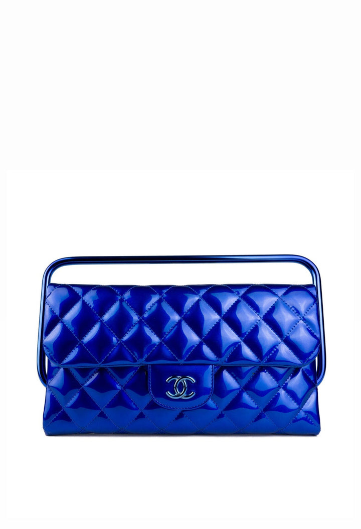 Chanel Classic Flap Patent Metallic Blue Frame Clutch