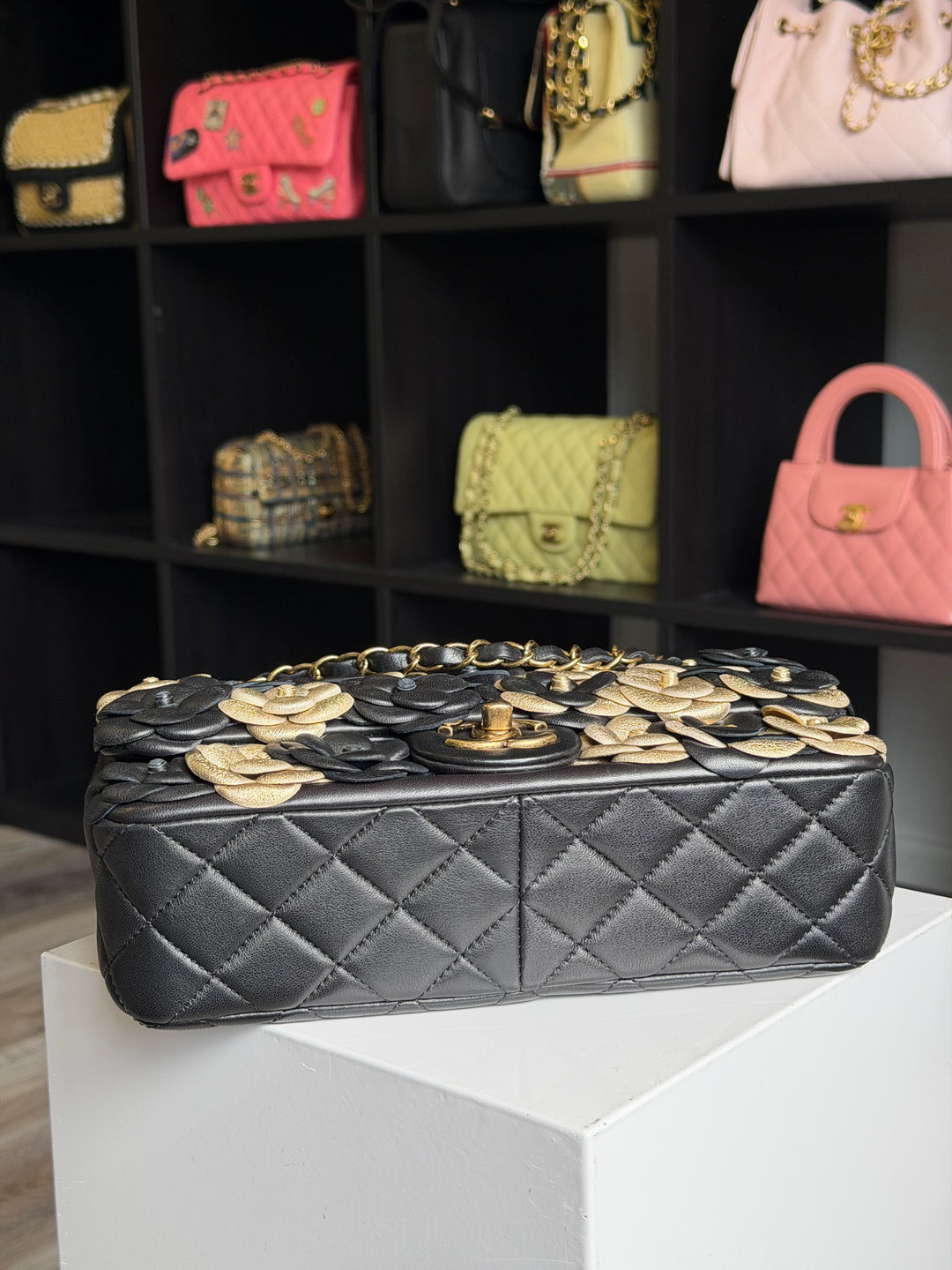 Chanel Metallic Gold and Black Lambskin Camellia Rose Appliqué Medium Flap Bag
