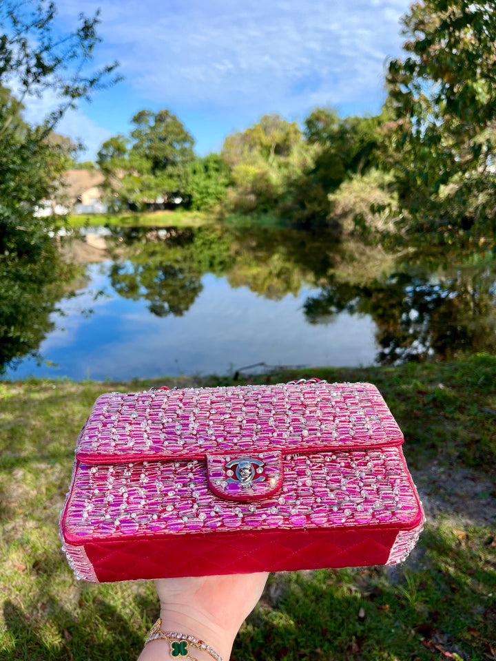 Chanel Pink Beaded Satin Medium Double Flap Bag