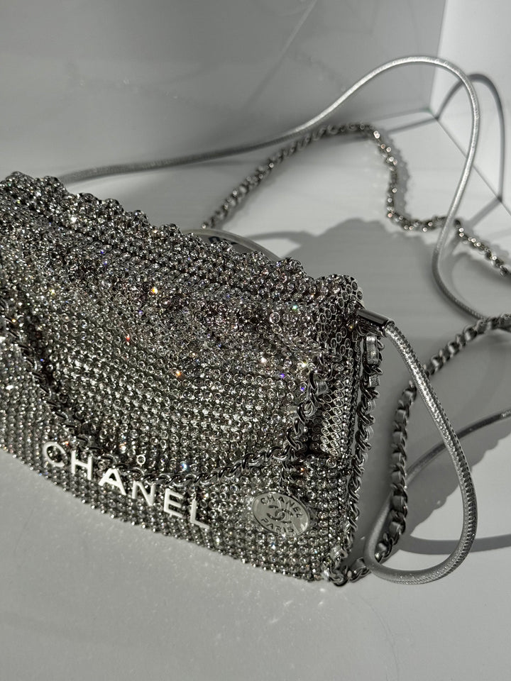 Chanel Mini Chanel 22 Crystal Embellished Metallic Lambskin Silver Silver Hardware