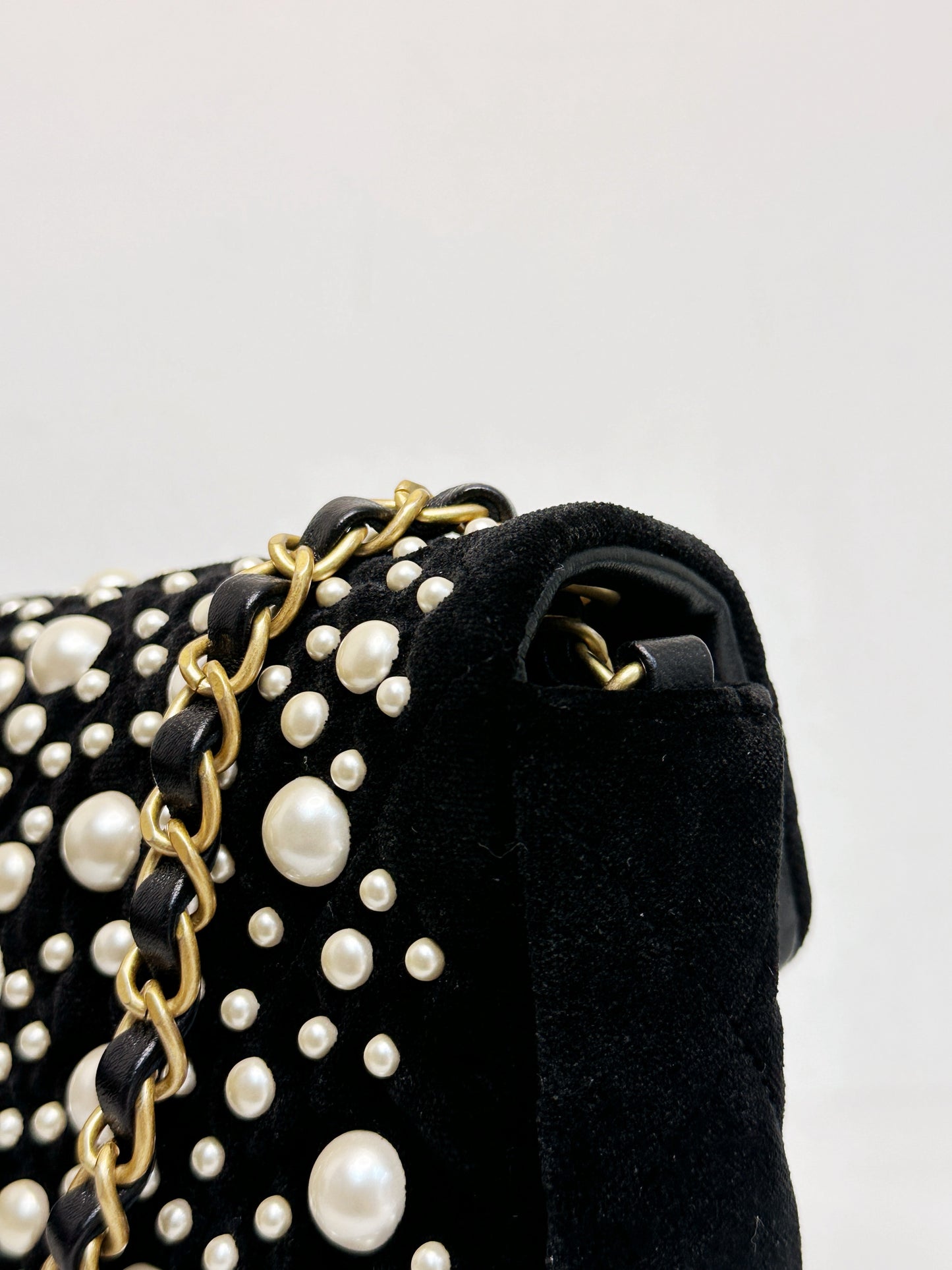 Chanel Black Velvet Mini Pearl Flap Bag