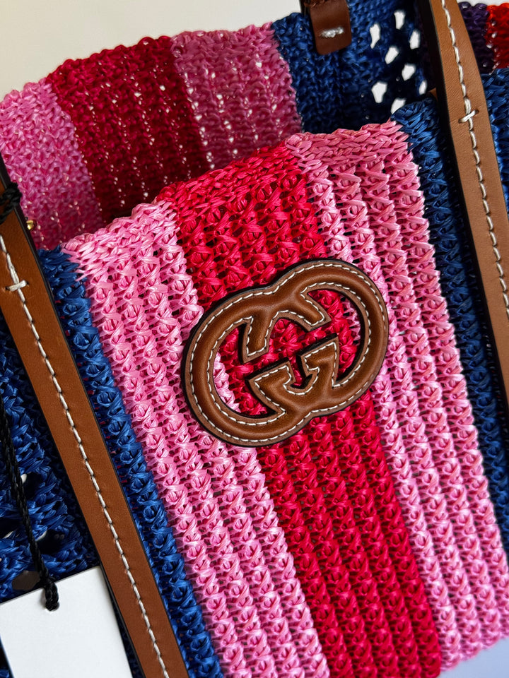 Gucci Interlocking Multicolor Raffia Tote Bag