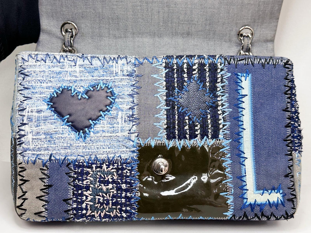 Chanel Jumbo Single Flap Patchwork Denim Blue Tweed Textile Leather Silver Hardware 2015
