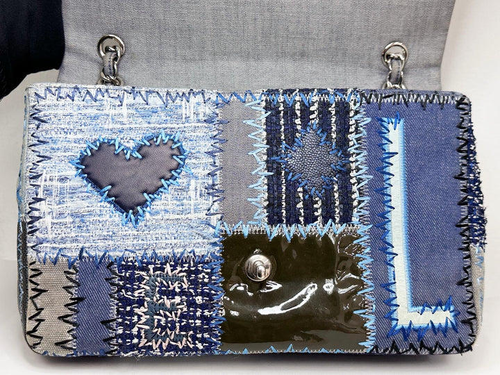 Chanel Jumbo Single Flap Patchwork Denim Blue Tweed Textile Leather Silver Hardware 2015