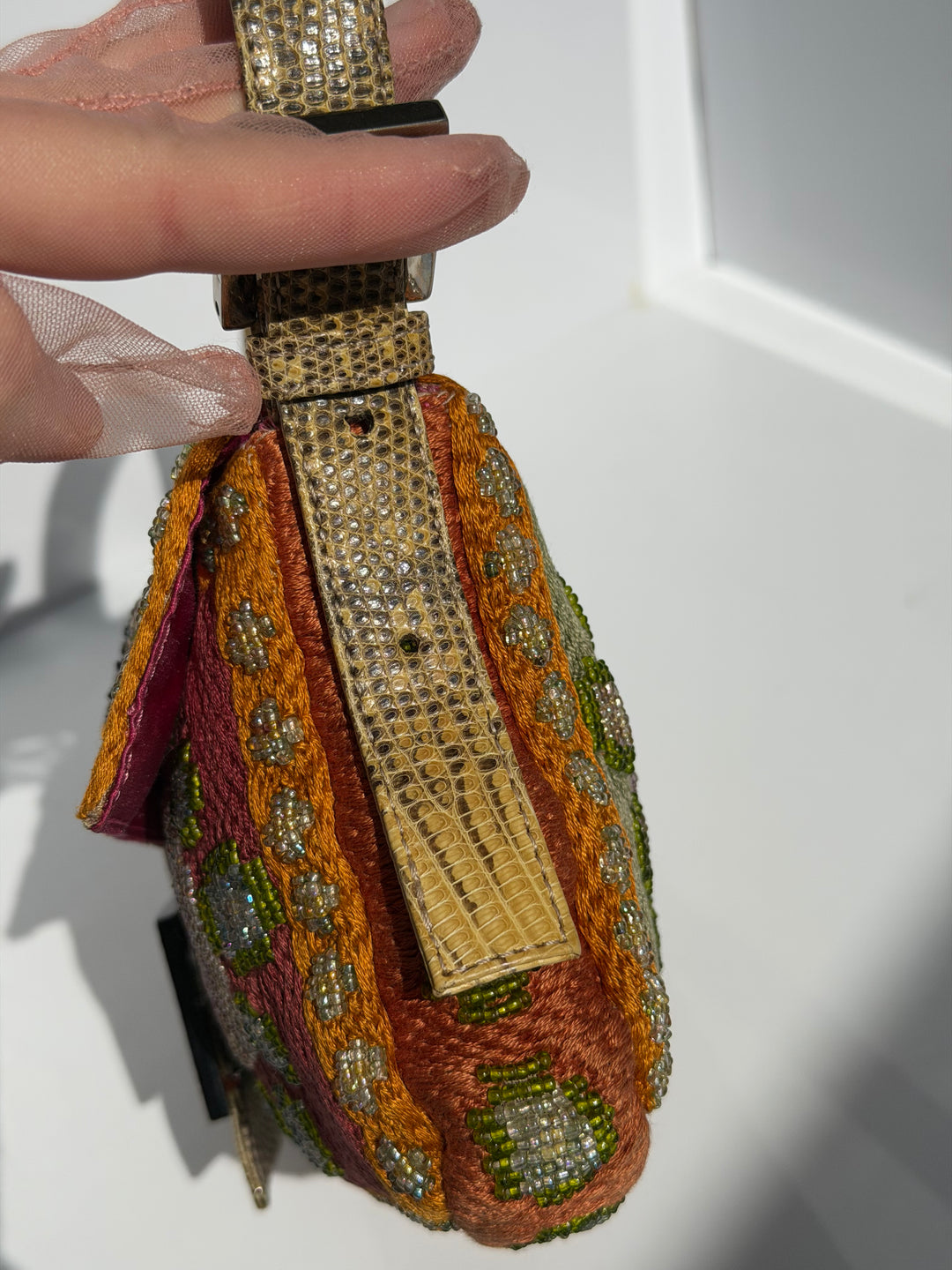 Fendi Multicolor Orange Beaded Baguette Lizard Trim Silver Hardware
