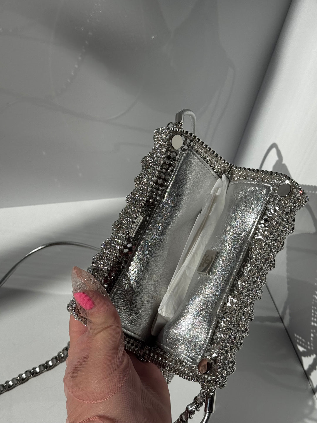 Chanel Mini Chanel 22 Crystal Embellished Metallic Lambskin Silver Silver Hardware