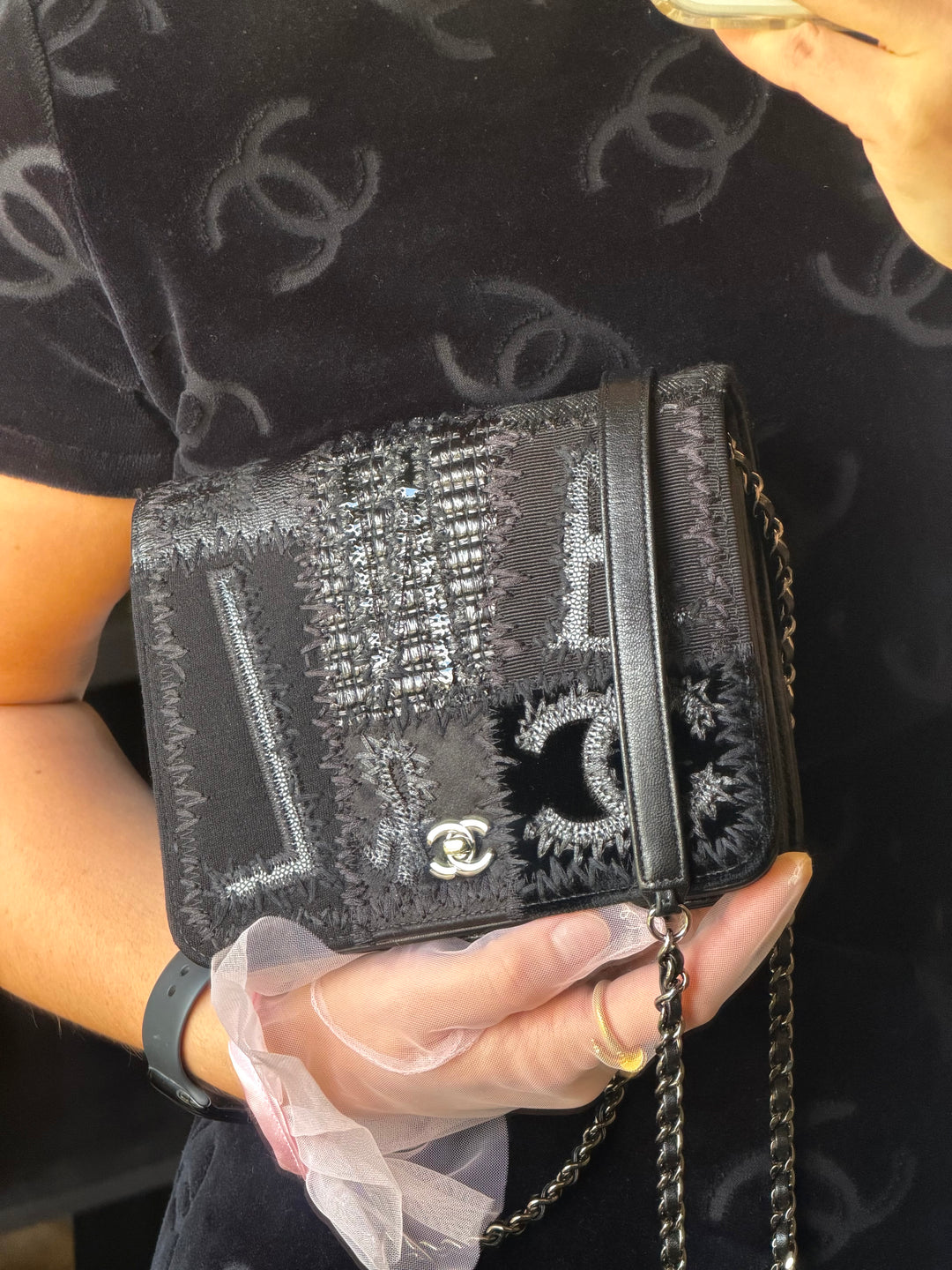 Chanel Black Mixed Media Patchwork Square Wallet on Chain Silver Hardware 2018