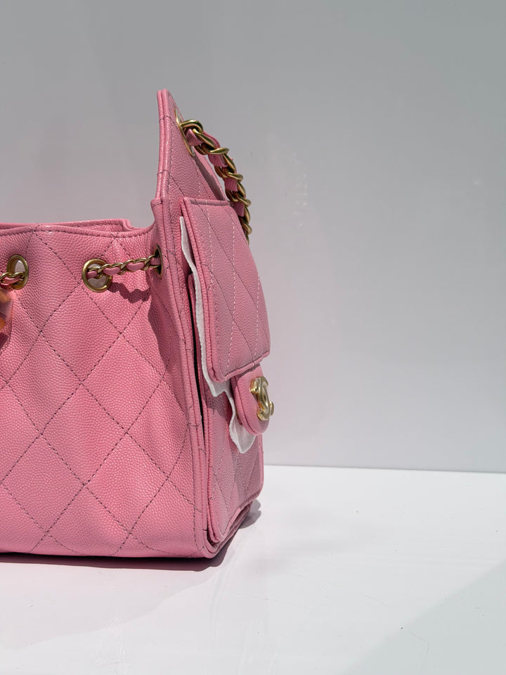 Chanel Mini 25 Hobo Bag Caviar Leather Bubblegum Pink Antique Gold Hardware 2026