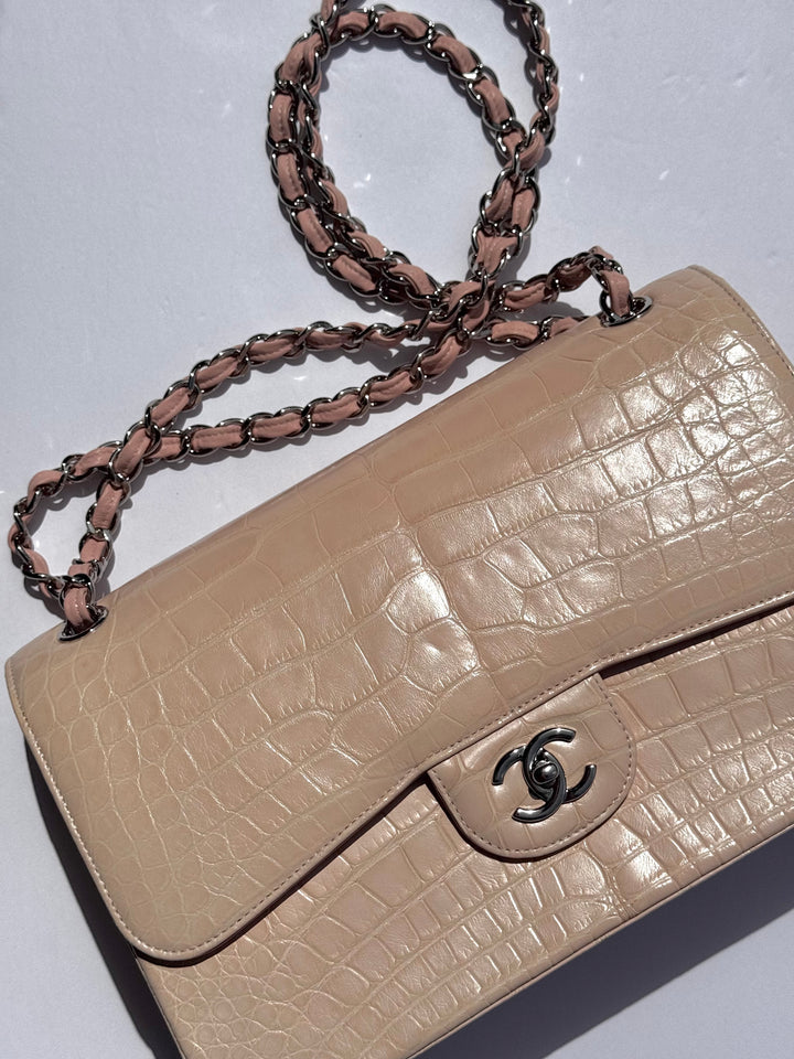Chanel Jumbo Pink Alligator Double Flap Bag