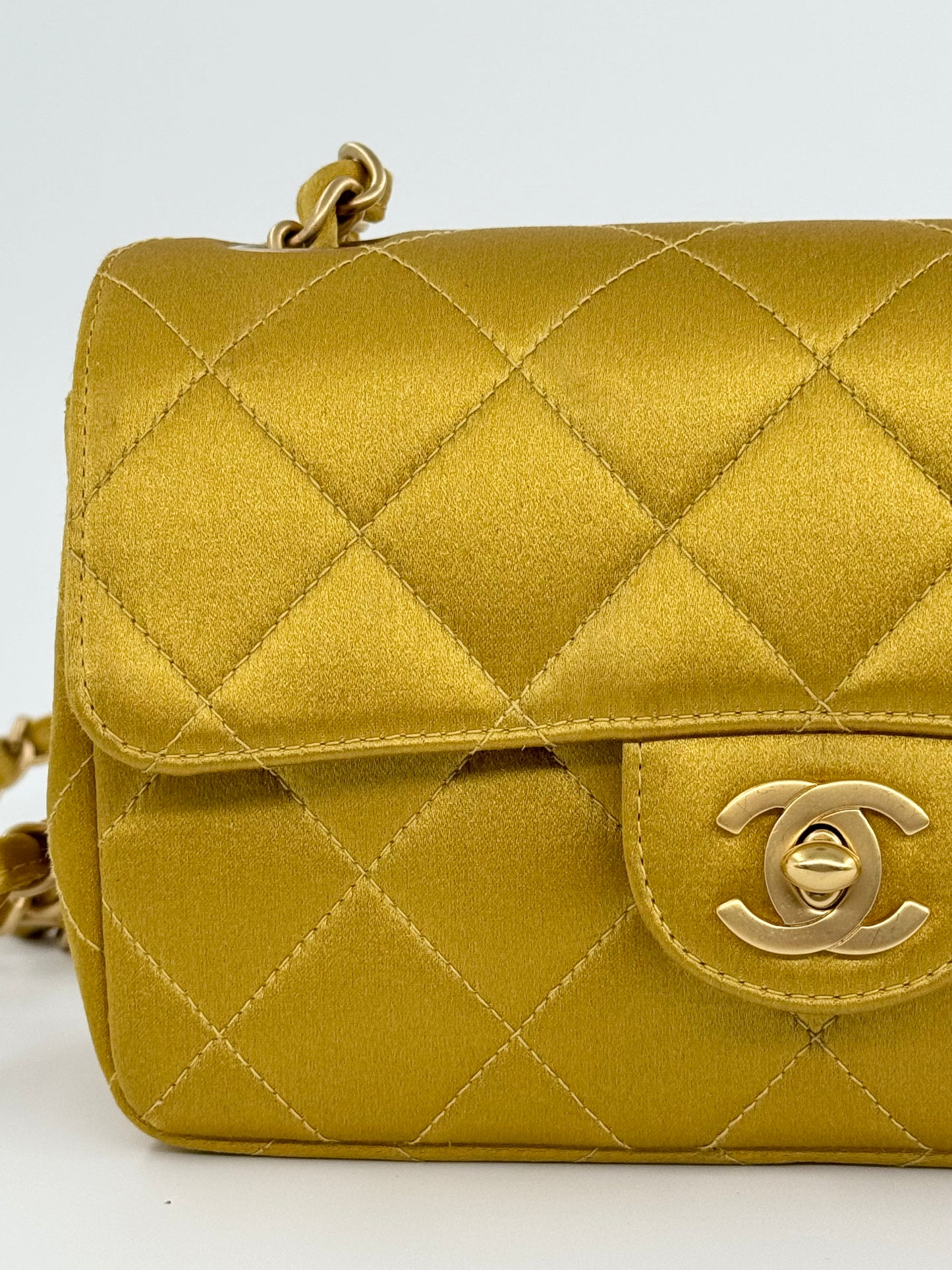 Chanel Gold Satin Mini Rectangle Flap