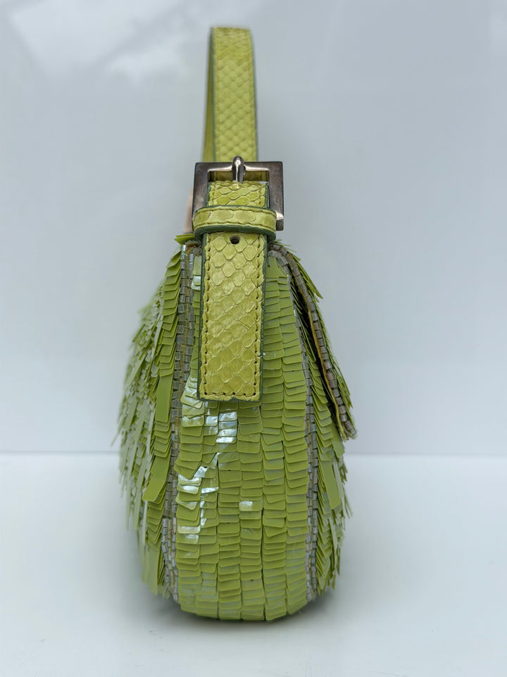 Fendi Lime Green Sequin Baguette Python Trim Silver Hardware 2000