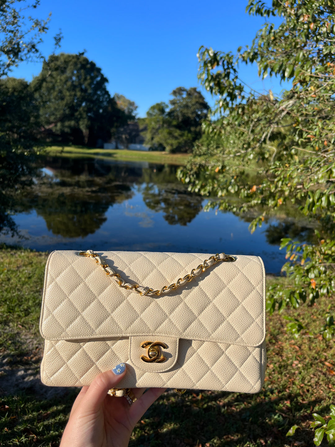 Chanel 1997 Beige Claire Medium Caviar Classic Flap