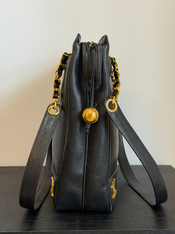 Chanel Black Caviar Triple Coco CC Tote Bag 24K Gold Plated Hardware 1994
