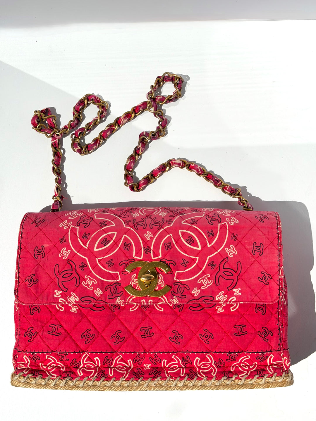 Chanel Vintage Red Bandana Paisley Print Straw Maxi Jumbo Flap Bag 1994