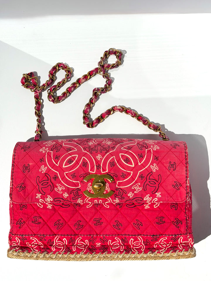 Chanel Vintage Red Bandana Paisley Print Straw Maxi Jumbo Flap Bag 1994