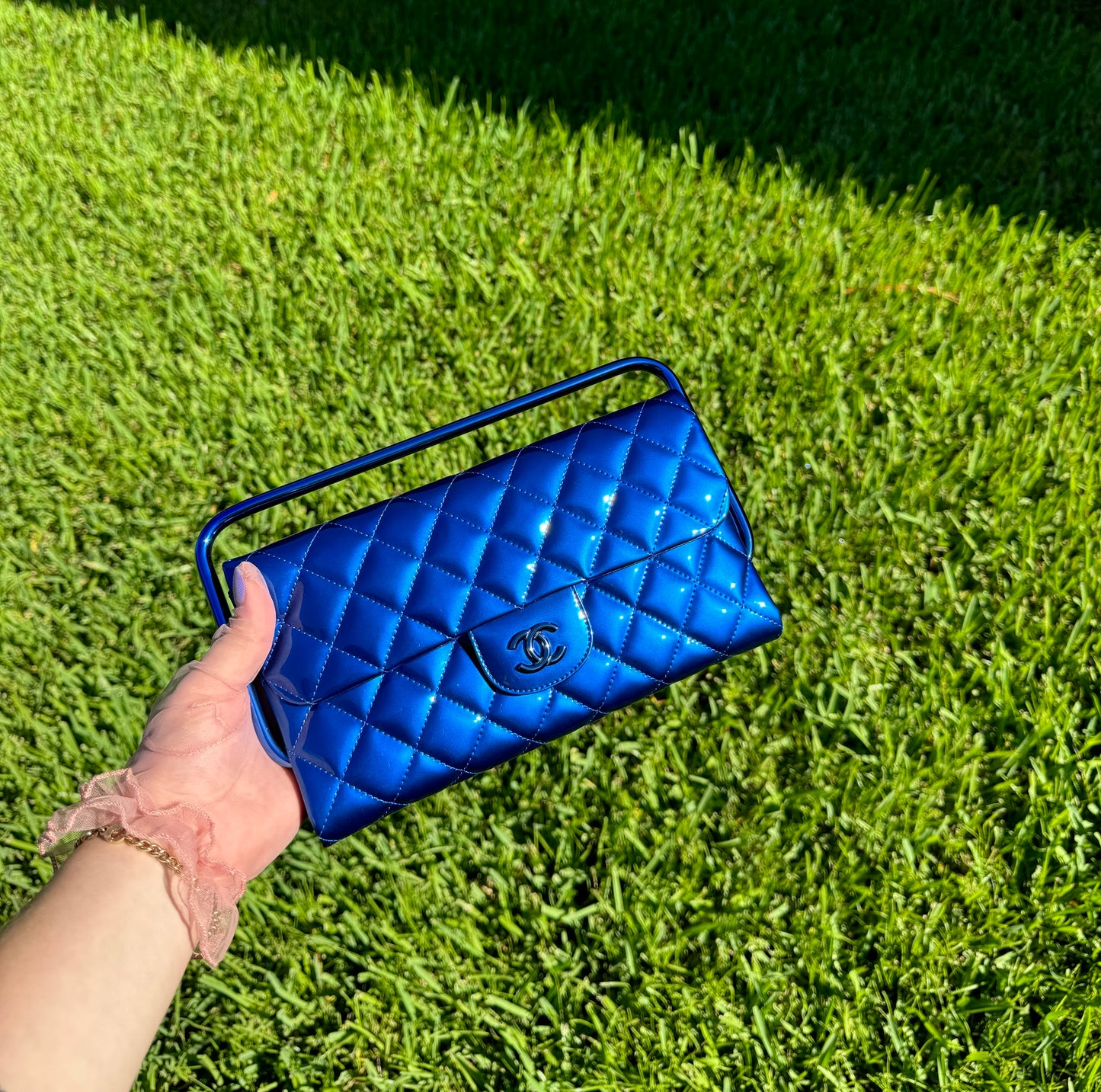 Chanel Classic Flap Patent Metallic Blue Frame Clutch