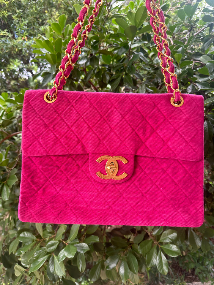 Chanel 1990 RARE Hot Pink Denim Maxi Flap Bag