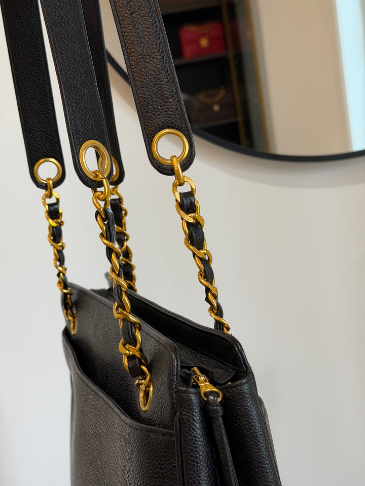 Chanel Black Caviar Triple Coco CC Tote Bag 24K Gold Plated Hardware 1994