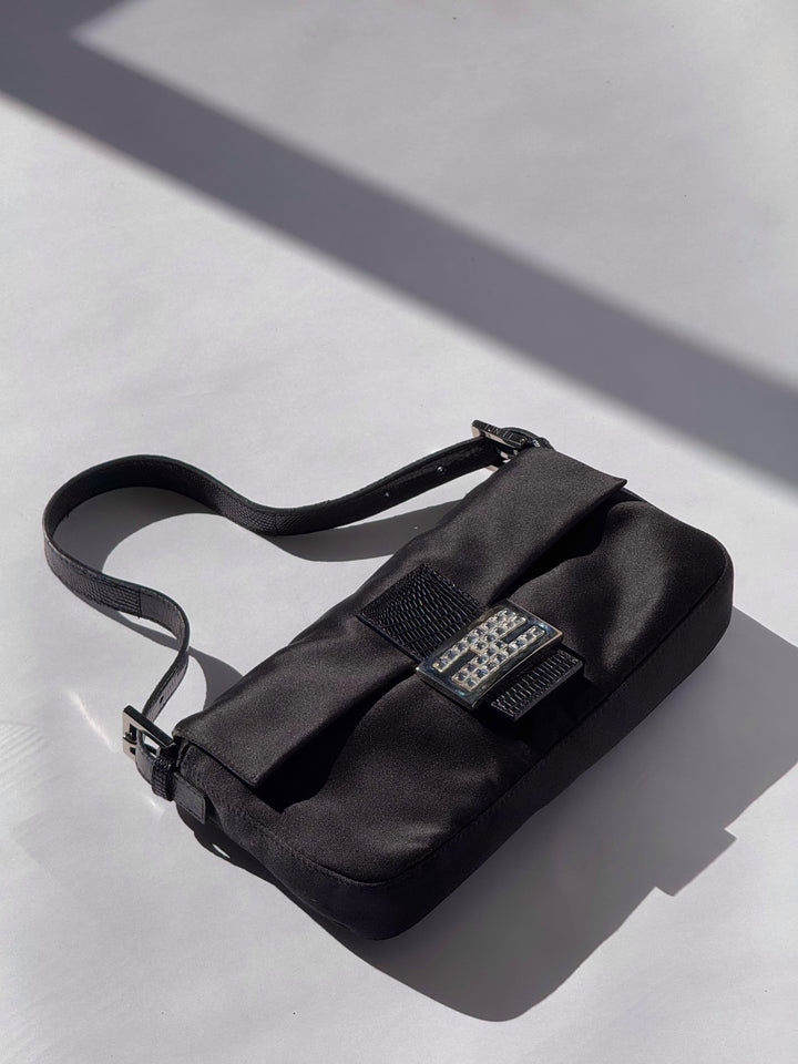 Fendi Black Satin Crystal Baguette With Lizard Trim