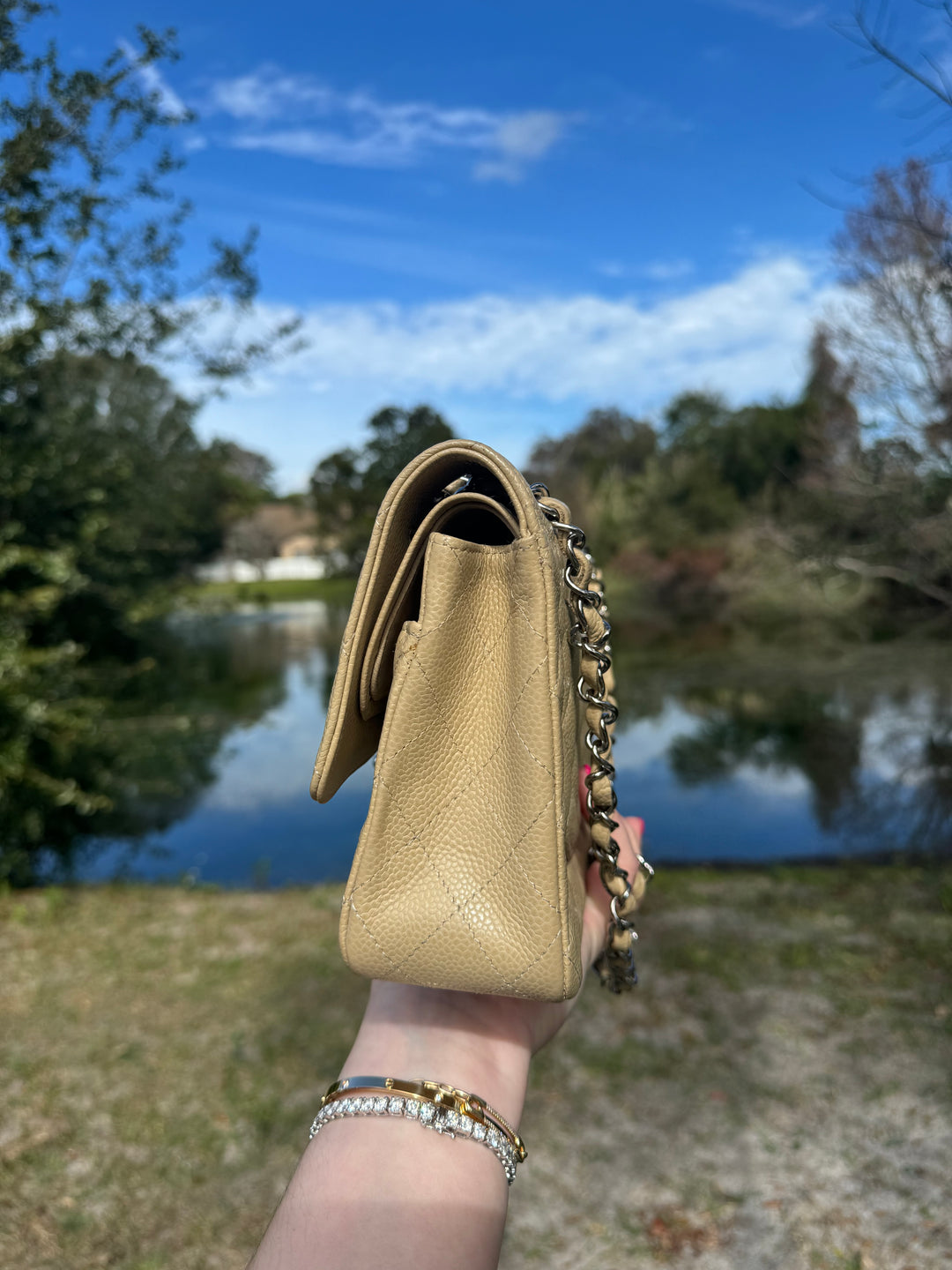 Chanel 2003 Beige Medium Caviar Classic Flap