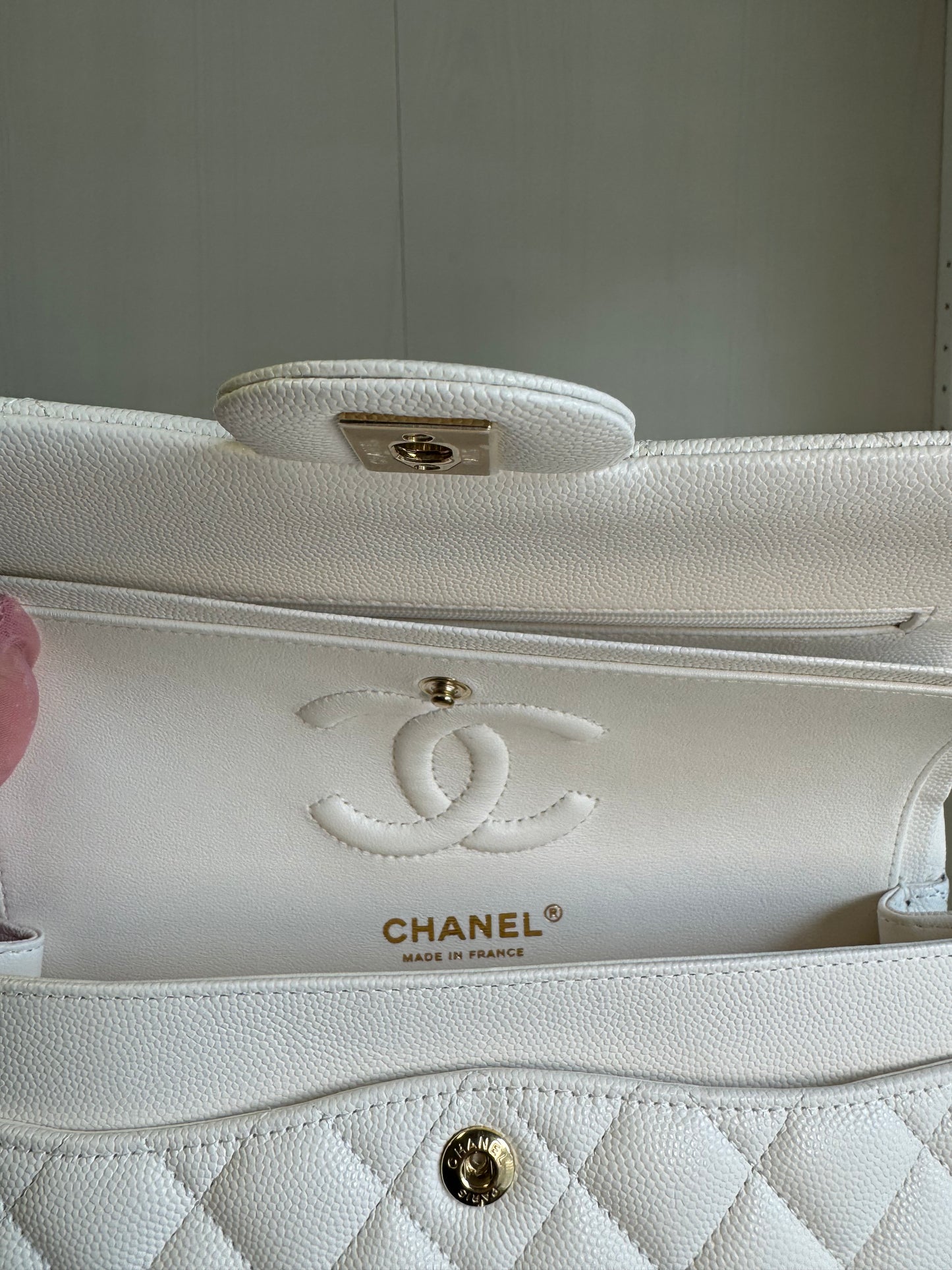 Chanel White Small Caviar Classic Flap Bag