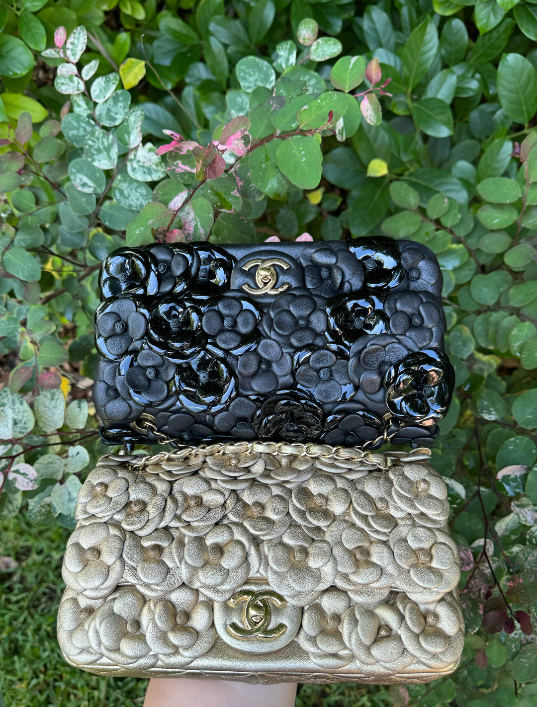Chanel Black Lambskin Camellia Rose Appliqué Medium Flap Bag