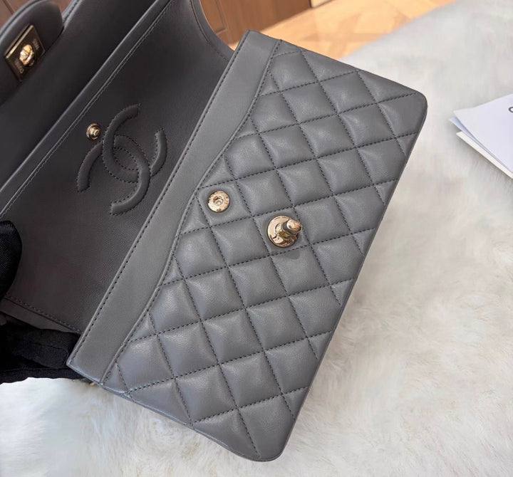 Chanel Small Classic Double Flap Lambskin Grey Gold Hardware 2022
