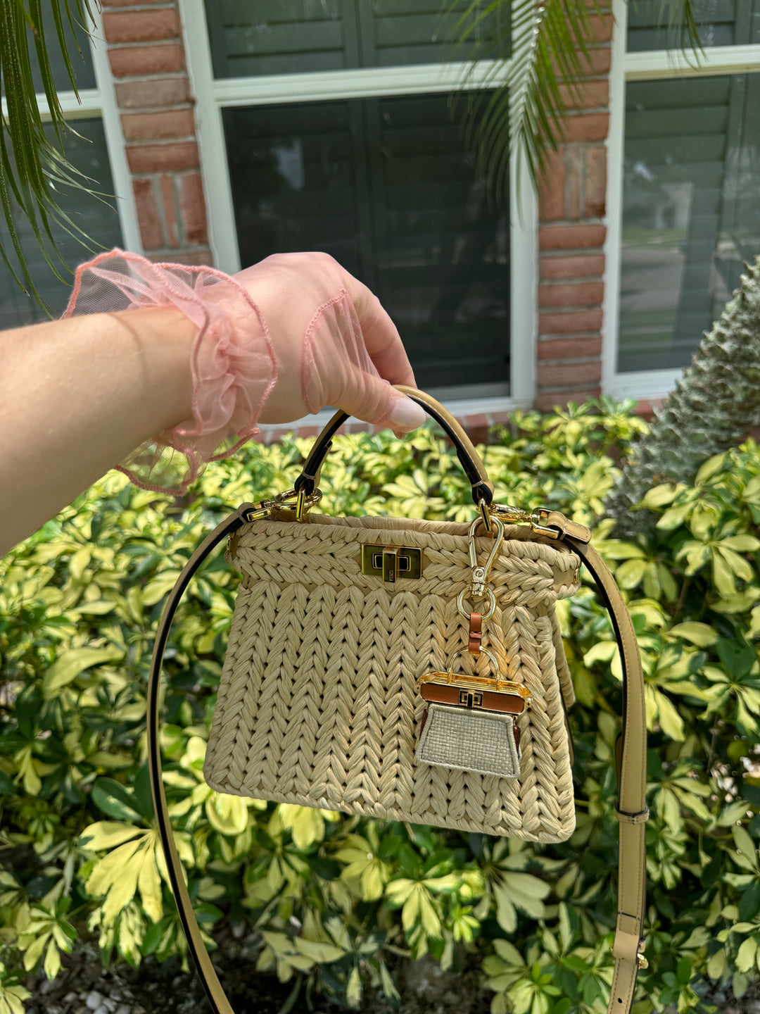 Fendi Peekaboo ISeeU Petite Sand Raffia Bag + Fendi Charm