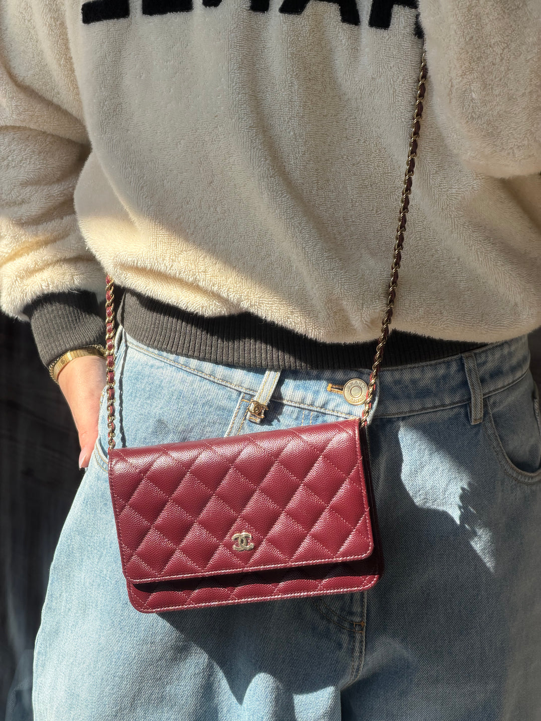 Chanel Wallet on Chain Burgundy Caviar Leather Light Gold Tone Hardware 2023