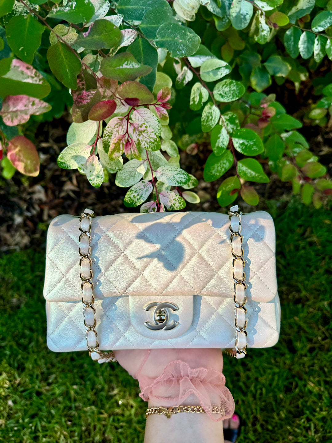 Chanel 21S White Iridescent Calfskin Mini Flap Bag