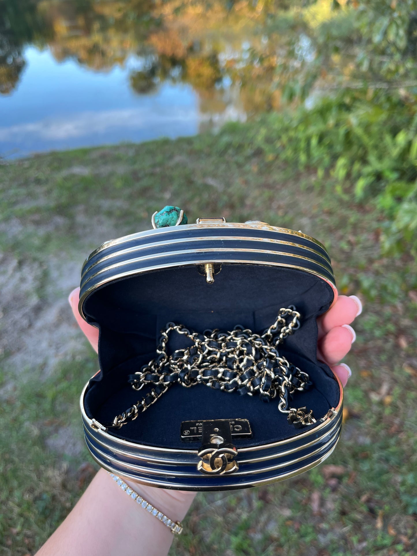 Chanel Navy Blue Horoscope Metal Gripoix Crystal Mini Minaudière Bag